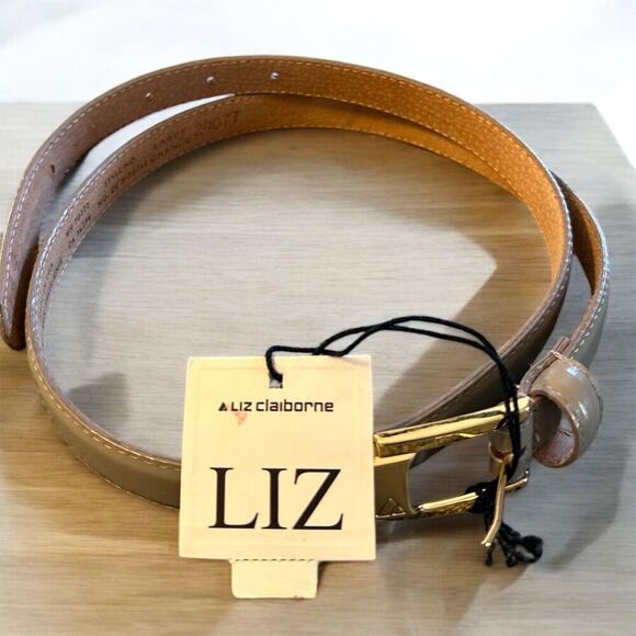 Liz Claiborne Women's Vintage 1990’s Gray Thin Leather Belt Gold Buckle - Picture 1 of 6
